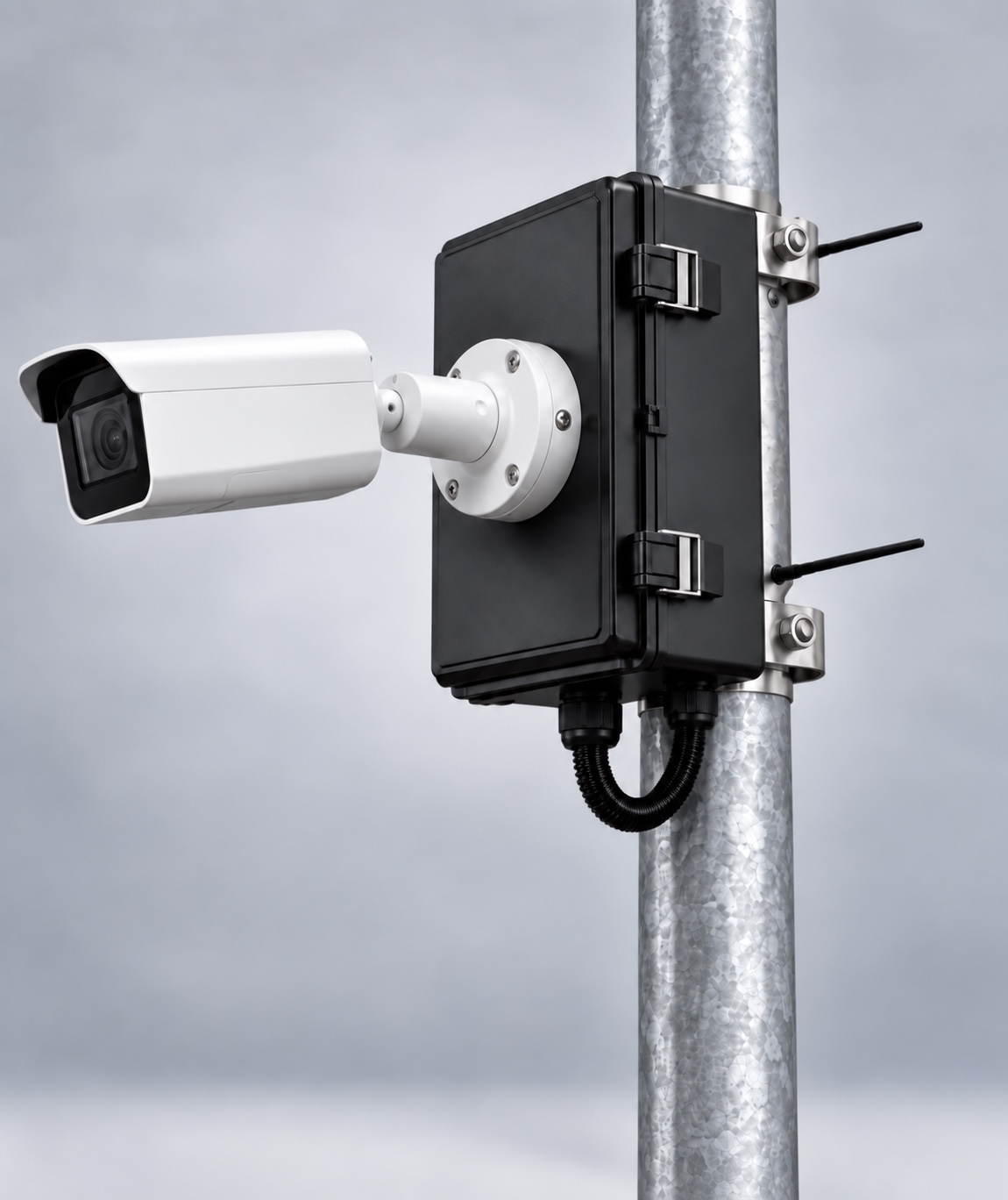 Camera met aansluitkast en bekabeling aan een stalen mast